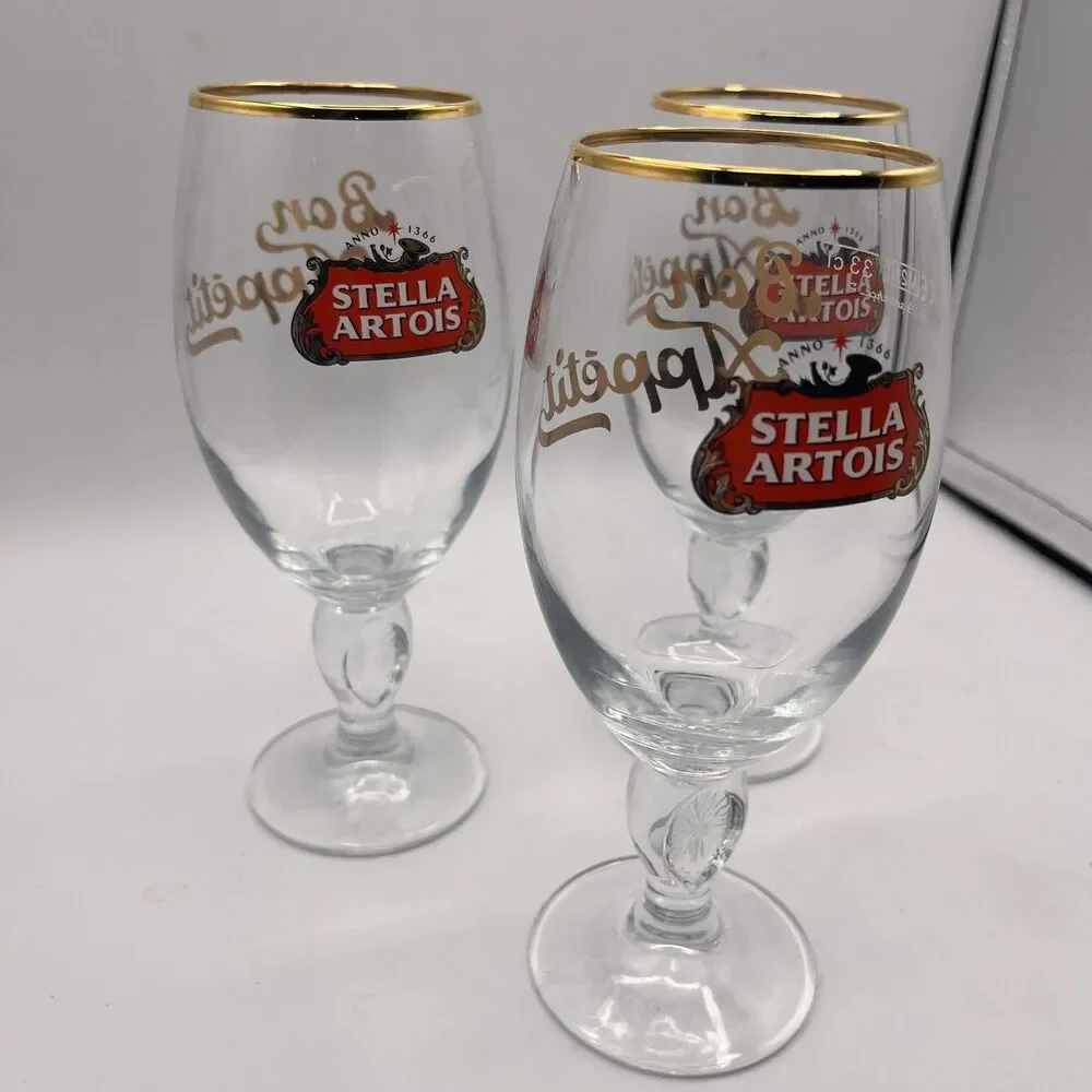Stella Artois Gold Rim Belgium Chalice .33cl Beer Glasses - Set of 3
